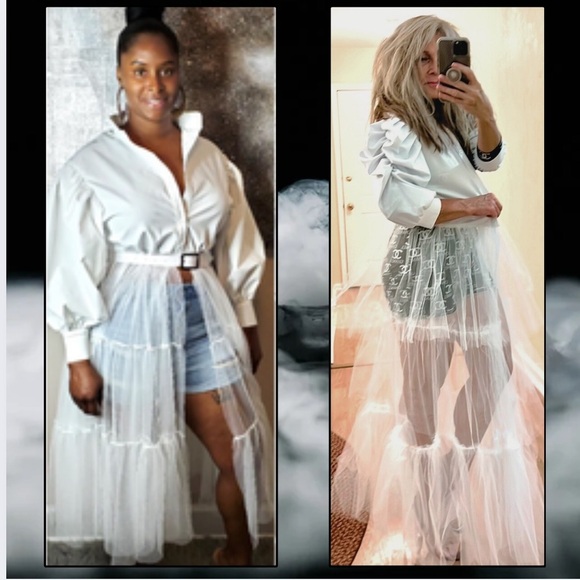 Brooke Lynn Style, White Buttoned-Bodice Top,w/Sheer Overlay Skirt, EUC,Size L - Picture 8 of 9